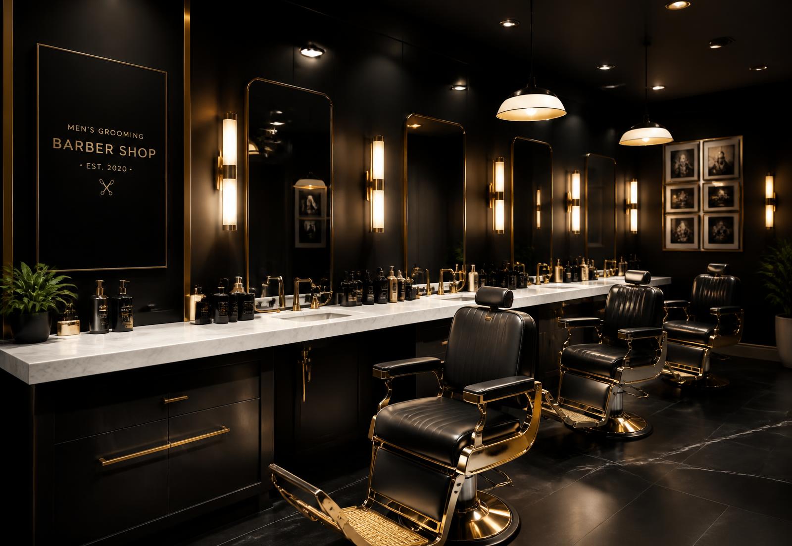 Innenraum des Friseursalons Rio Haircut in Schwarz, Gold und Marmor