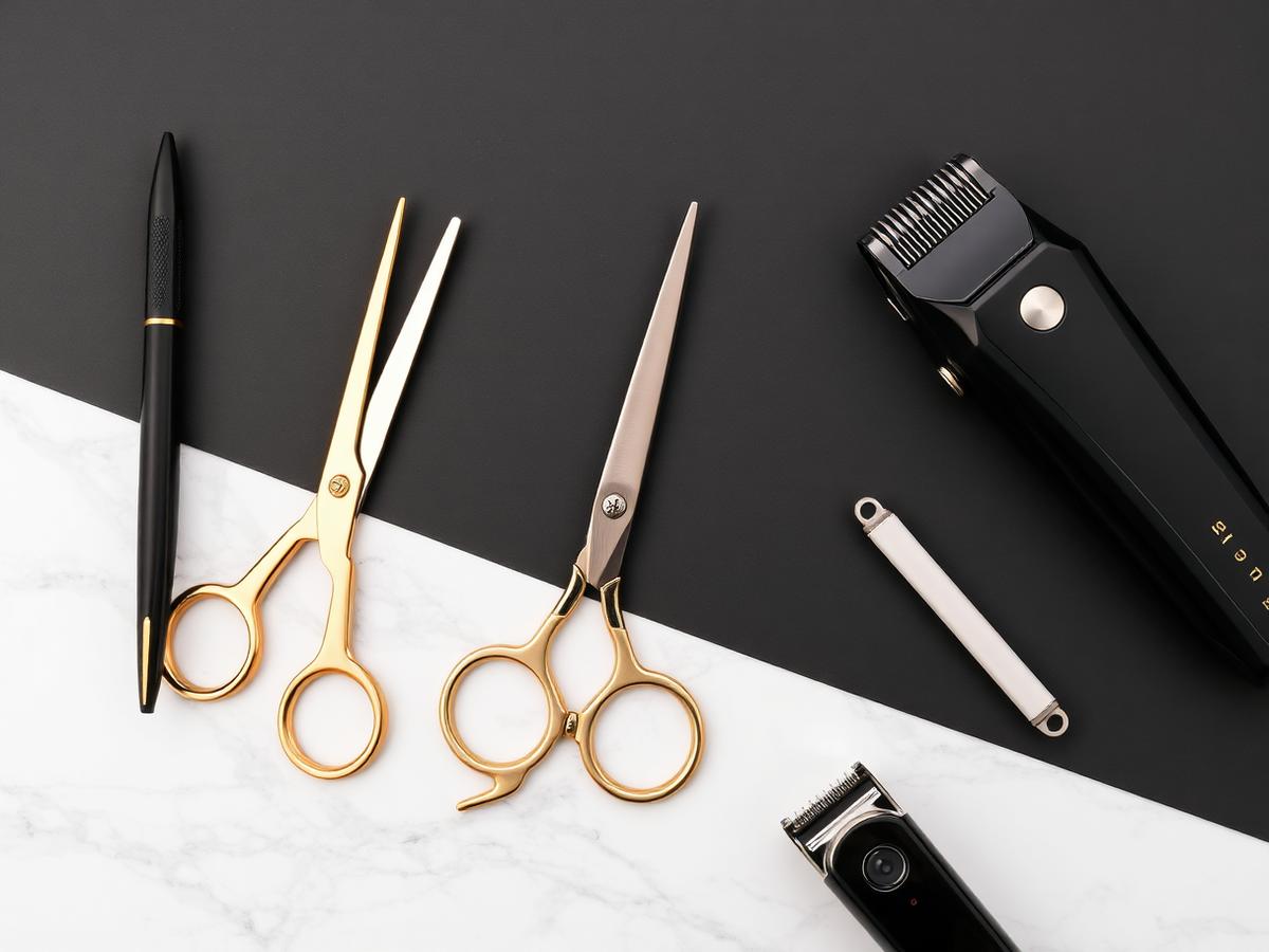 Goldene Friseurscheren und Trimmer auf Marmor